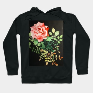Pink rose watercolor painting with rose leaves and a dark background Hoodie